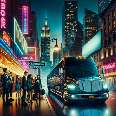 Luxurious party bus rental NYC driving through Times Square at night
